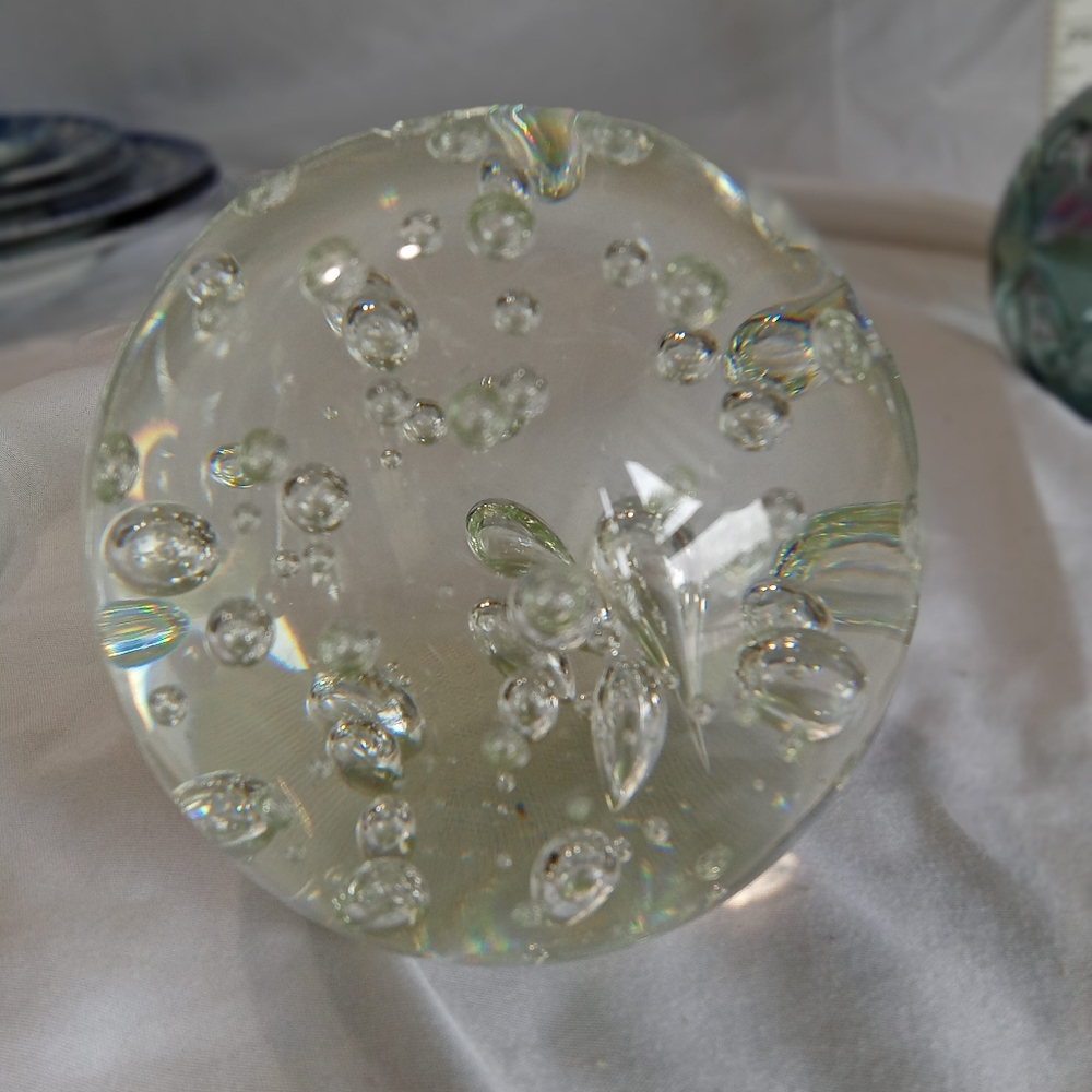Vintage Murano Art Glass Clear Controlled Bubbles Round Paper Weight
